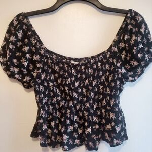 Aeropostale Black Floral Crop Top Pink Floral Pattern